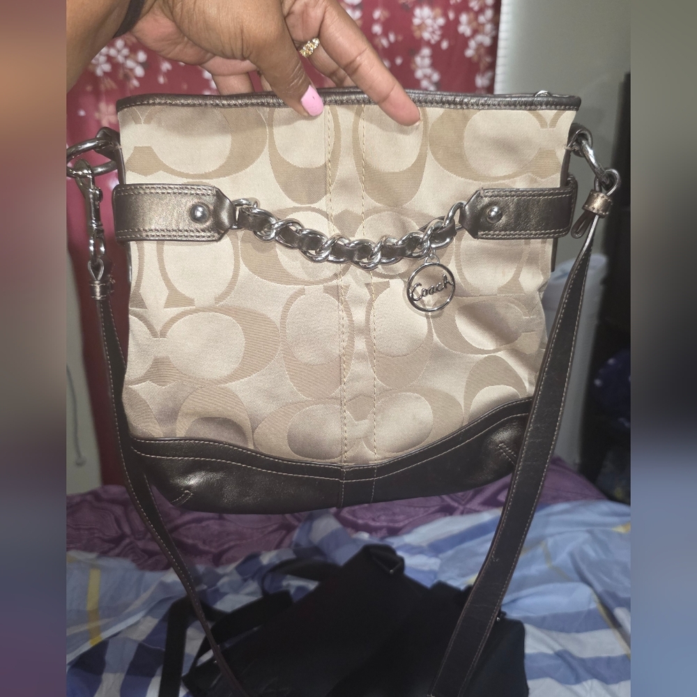 Beige Canvas Crossbody with Dark Brown Leather Logo Patch